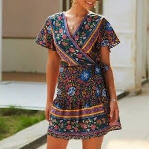 Boho Floral Wrap Dress Flutter Sleeve Ruffle Hem Navy Blue‎ Cotton Sz XL Cottage